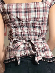 Frill Trim Button Checkered Crop Blouse Shirts