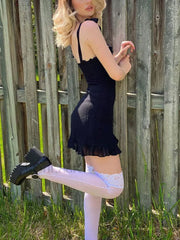 Frill Trim Tie Strap Mini Dress Black / S Mini Dresses
