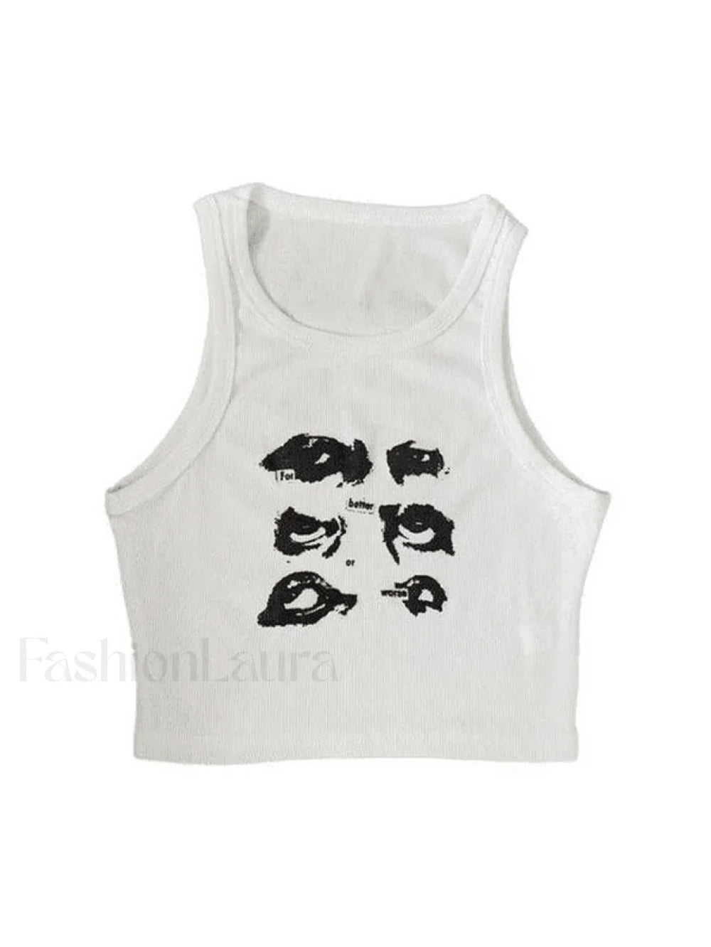 Funny Face Print Cropped Tank Top White2 / S Tops&Tees