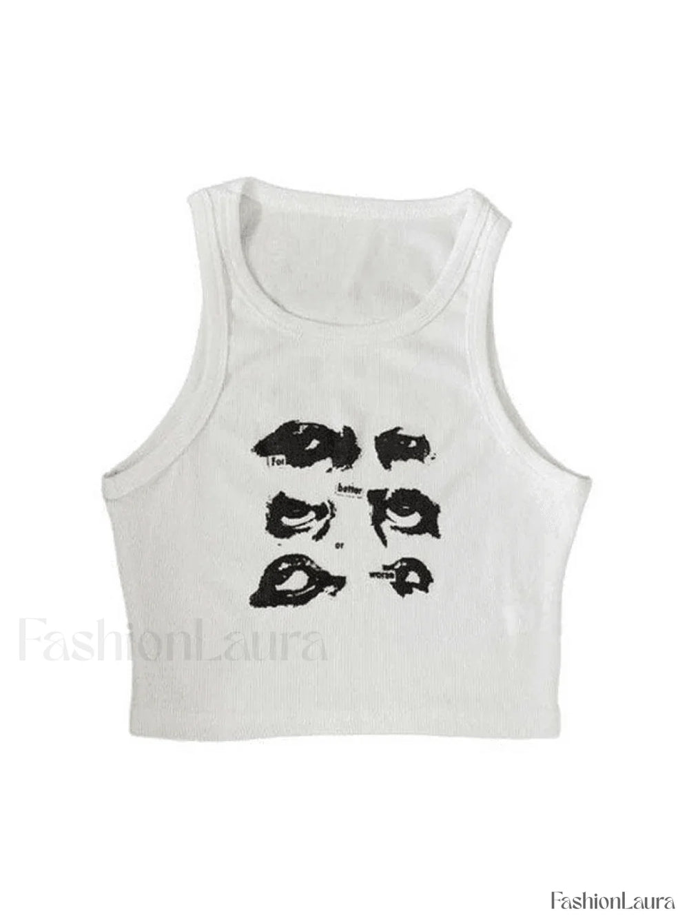 Funny Face Print Cropped Tank Top White2 / S Tops&Tees