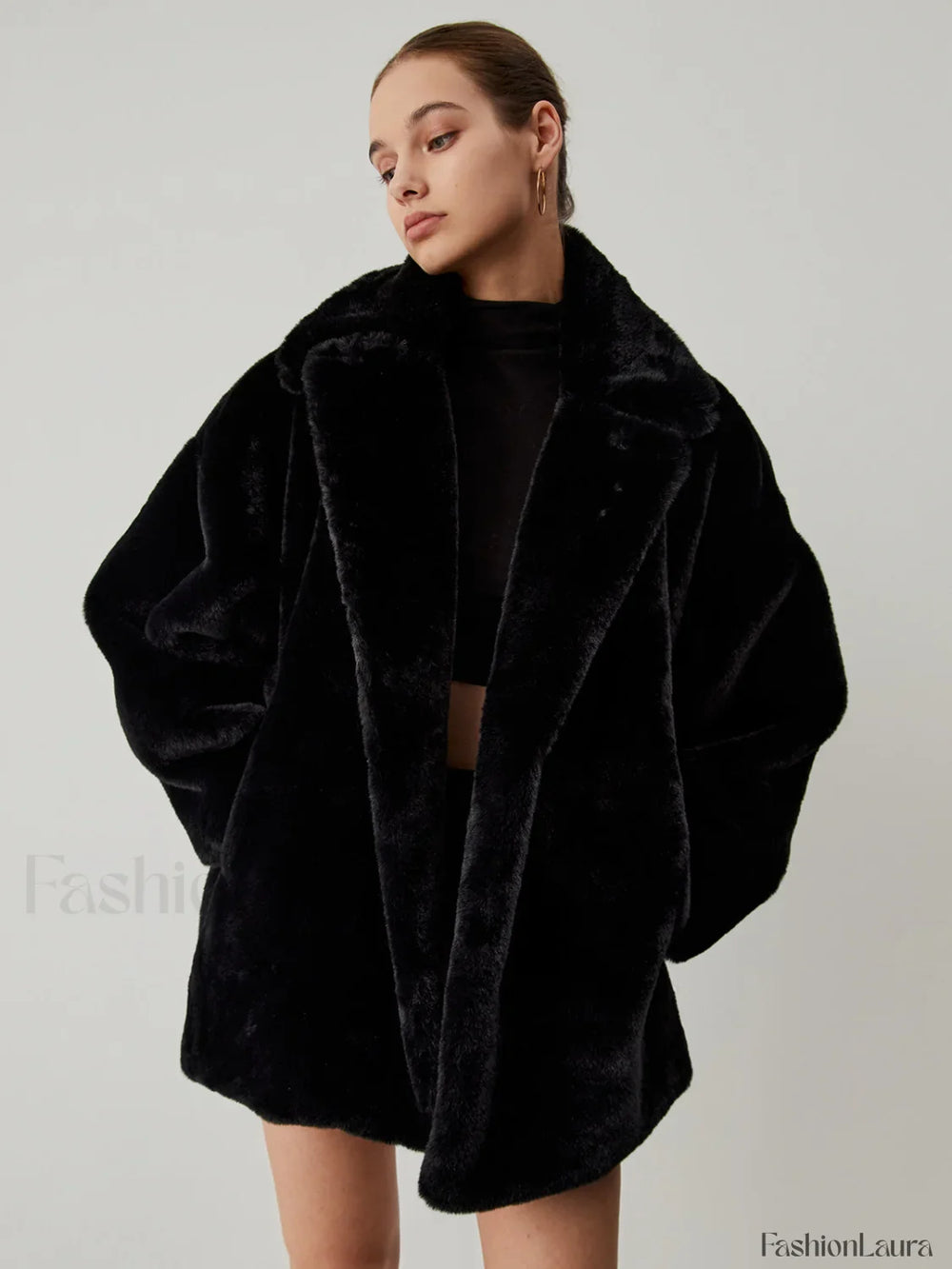 Furry Oversized Collar Trendy Faux Fur Coat Black / XS Women Faux Fur Coats