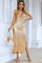 Gaya Backless Stylish Metallic Midi Dress S / Gold
