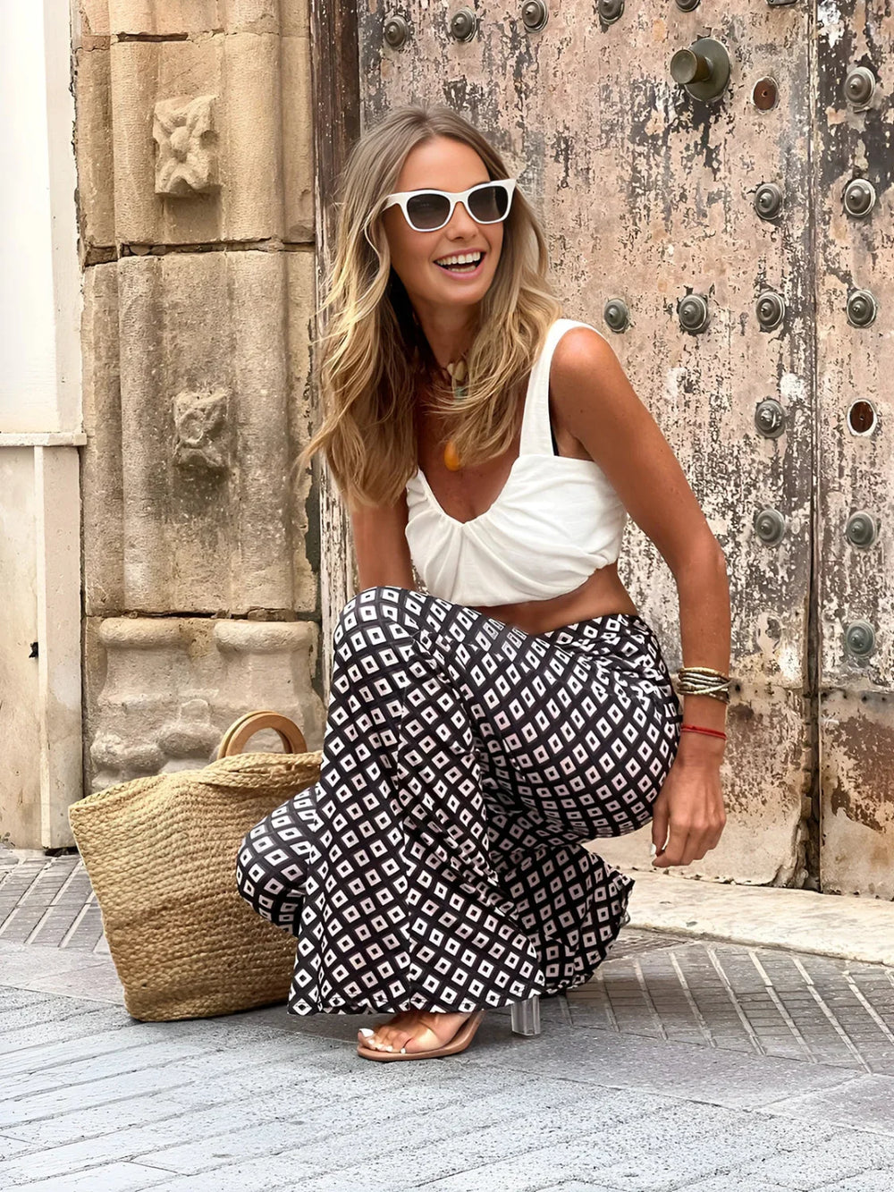 Geometrical Print Flare Pants Pants