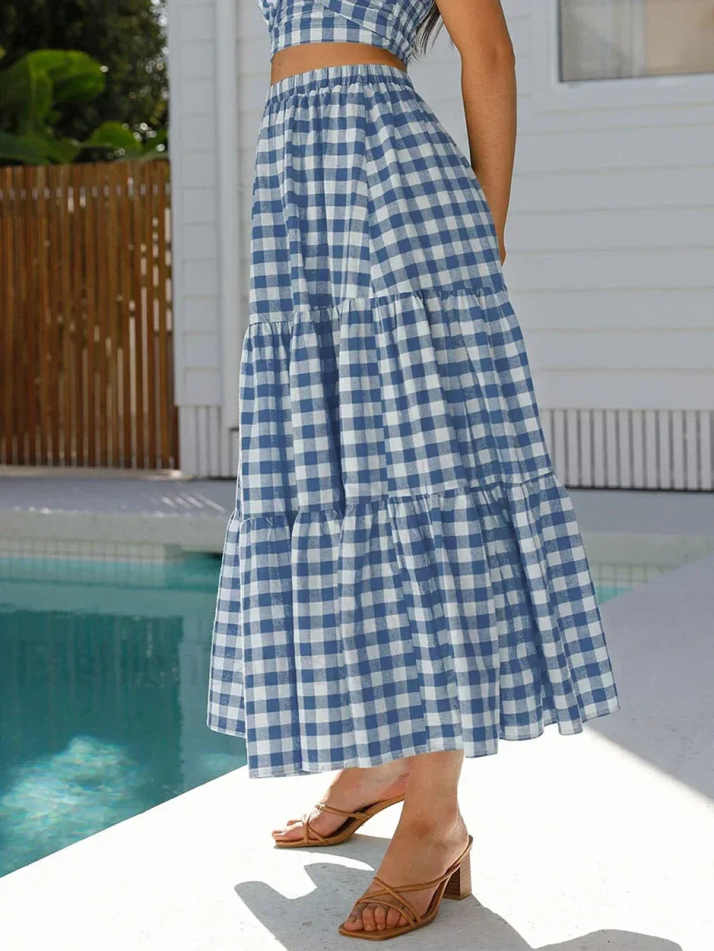 Gingham Patchwork Tiered Maxi Skirt