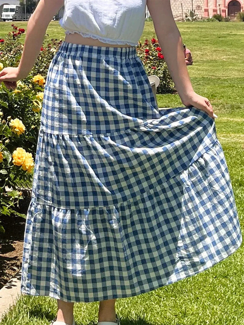 Gingham Patchwork Tiered Maxi Skirt DEEP BLUE / S