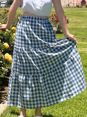 Gingham Patchwork Tiered Maxi Skirt DEEP BLUE / S