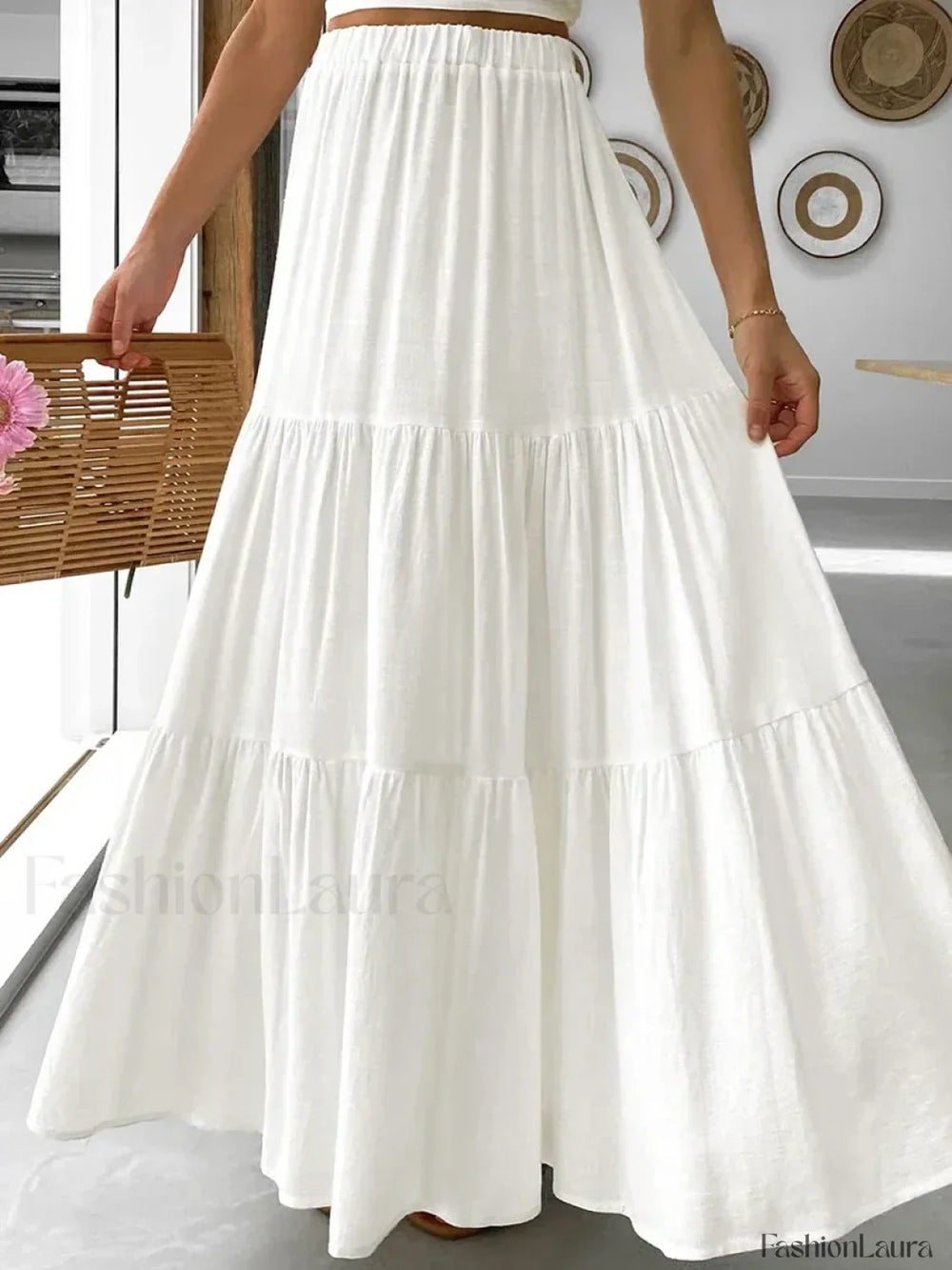 Gingham Patchwork Tiered Maxi Skirt WHITE / S