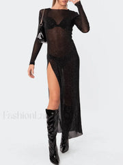 Glitter Mesh Split Long Sleeve Maxi Dress Black / S Midi Dresses