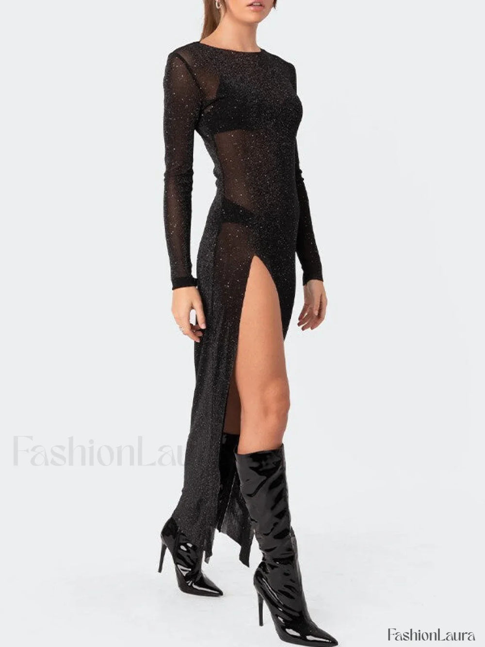 Glitter Mesh Split Long Sleeve Maxi Dress Midi Dresses