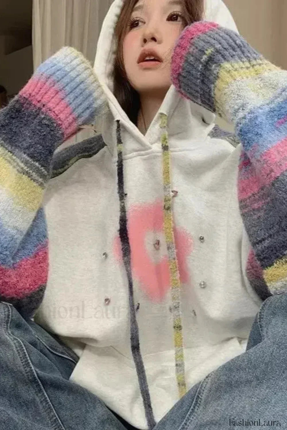 Glitter Sequin Loose Fit Hooded Hoodie Grey / S