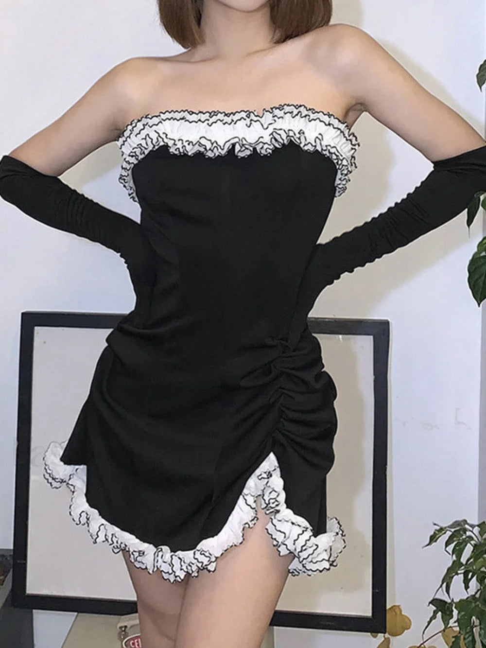 Gloves Detail Strapless Black Mini Dress Mini Dresses