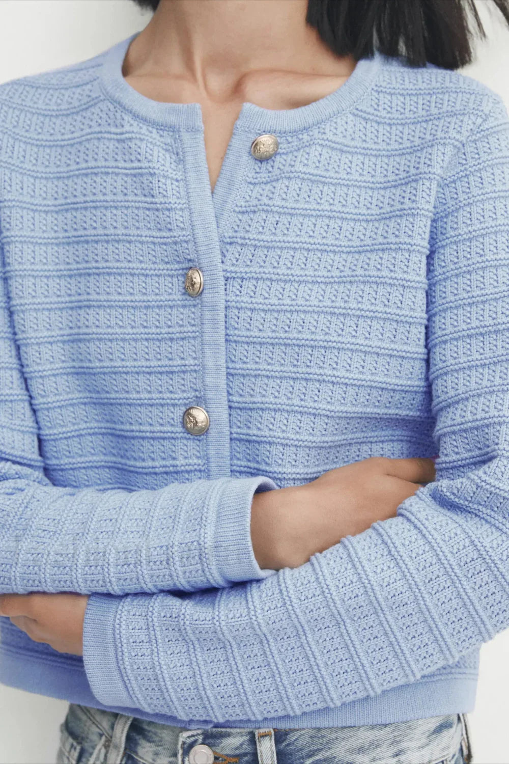 Gold Button Textured Knit Cardigan