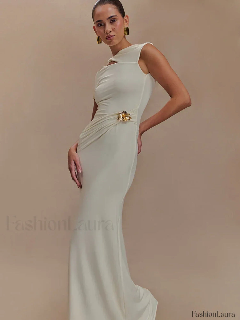 Gold Clasp Ruched Bodycon Maxi Dress