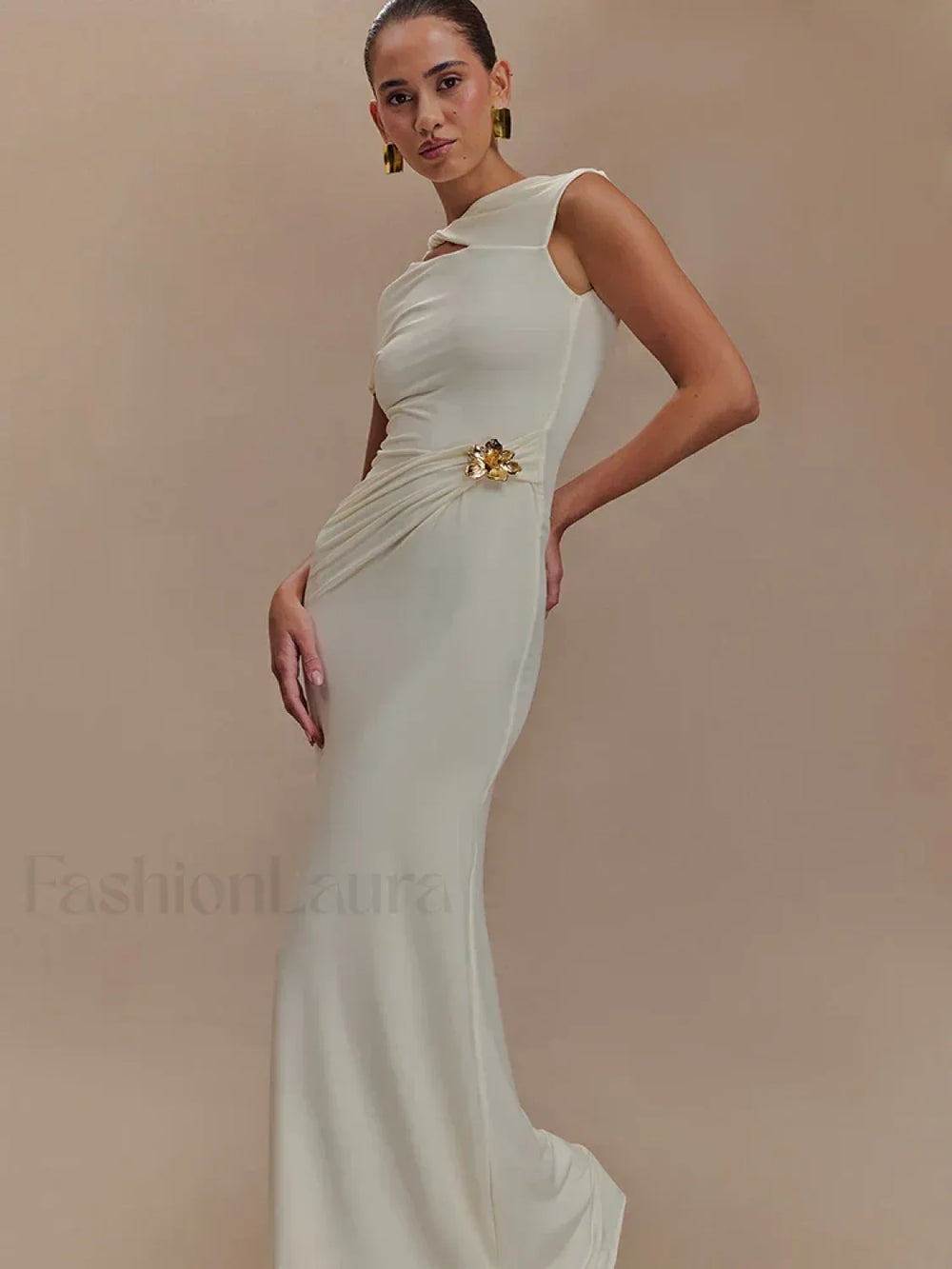 Gold Clasp Ruched Bodycon Maxi Dress