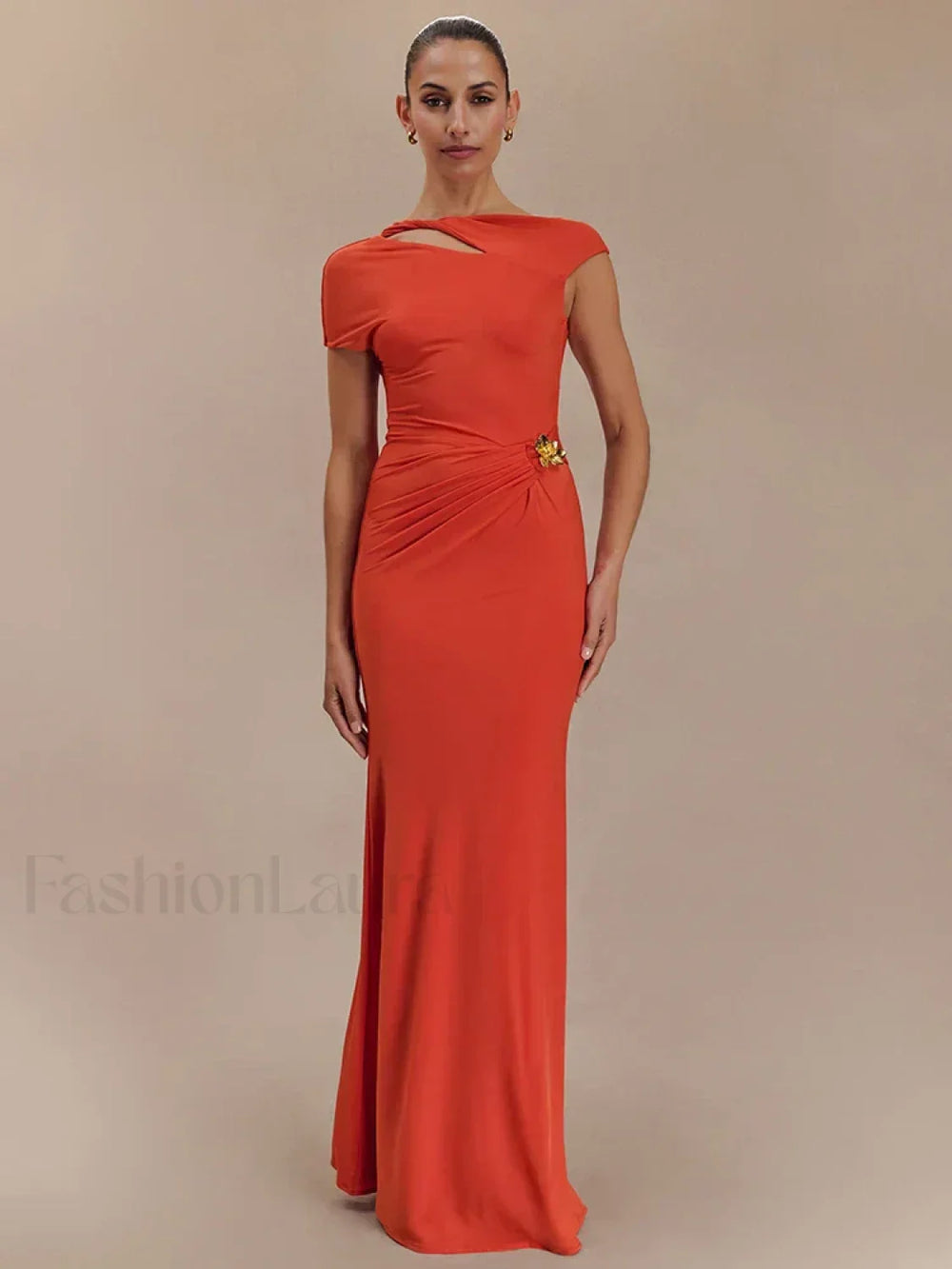 Gold Clasp Ruched Bodycon Maxi Dress Orange / S