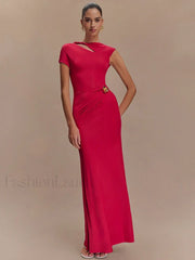 Gold Clasp Ruched Bodycon Maxi Dress Rose Red / S