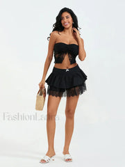 Goth Black Bow Trim A line Skirt Black / S