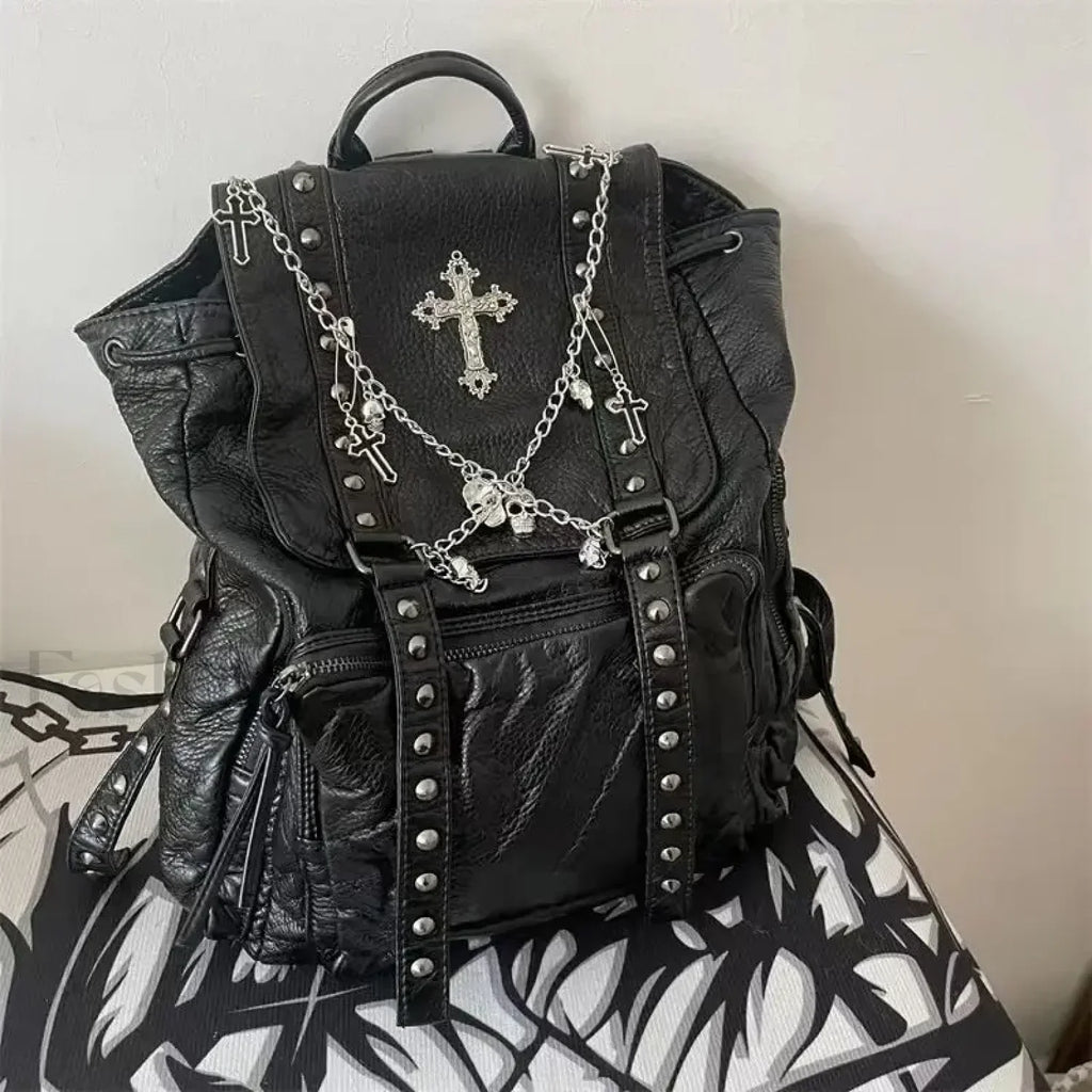 Goth Black Punk Rivet Chain Skeleton Fashion Women Backpack Bag Black / 40X35cm