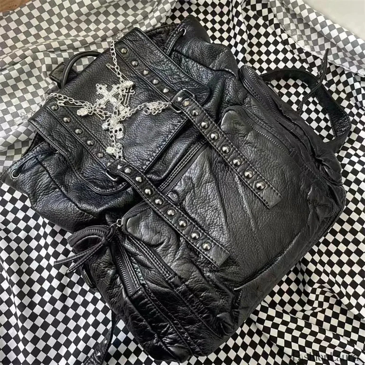 Goth Black Punk Rivet Chain Skeleton Fashion Women Backpack Bag Black / 40X35cm