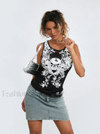 Goth Crop Grunge Print Running Tank Fairy Summer Skull Hollow Out Sleeveless Top