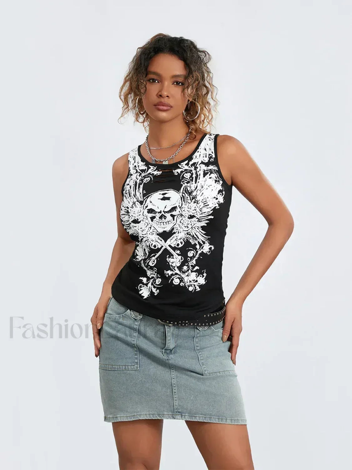 Goth Crop Grunge Print Running Tank Fairy Summer Skull Hollow Out Sleeveless Top