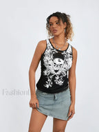 Goth Crop Grunge Print Running Tank Fairy Summer Skull Hollow Out Sleeveless Top