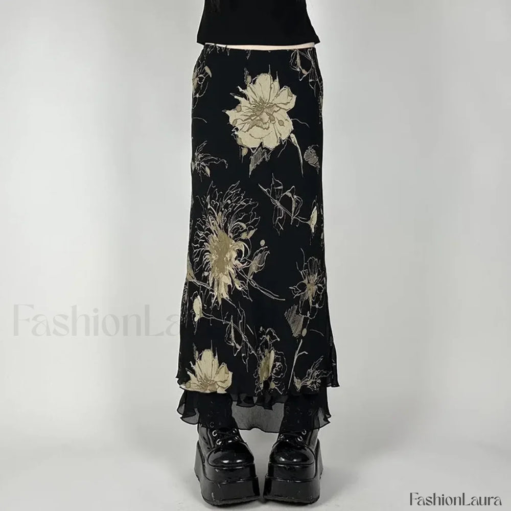 Goth Floral Double Layer Skirt Black / M