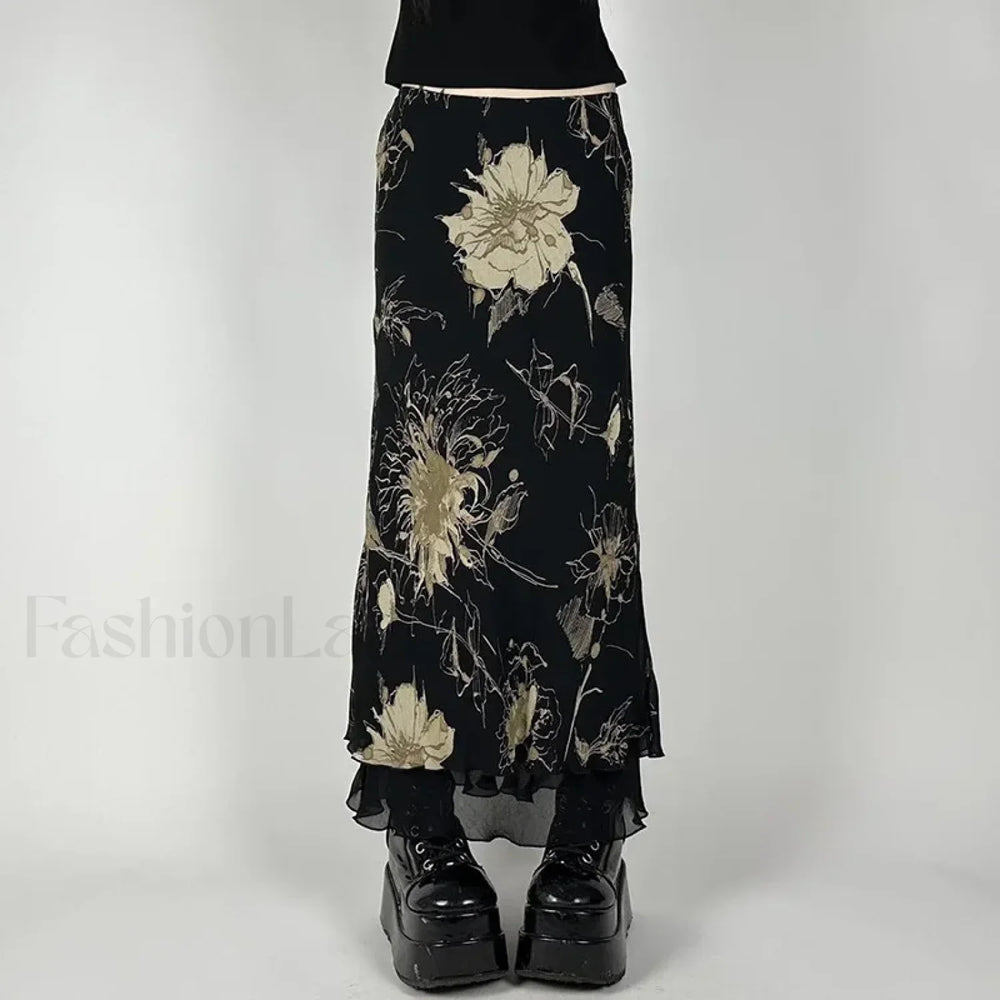 Goth Floral Double Layer Skirt Black / M