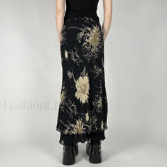 Goth Floral Double Layer Skirt Black / S