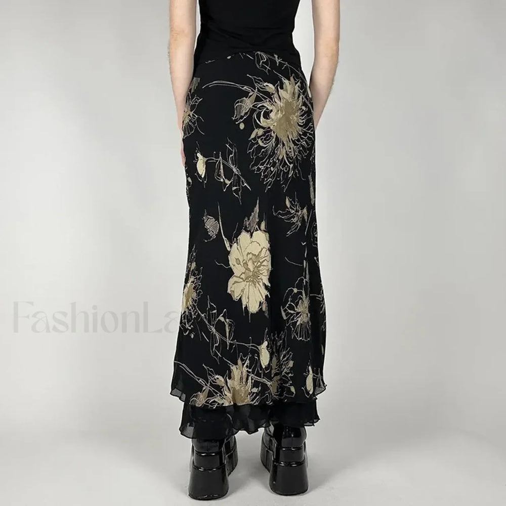 Goth Floral Mesh Double Layer Skirt