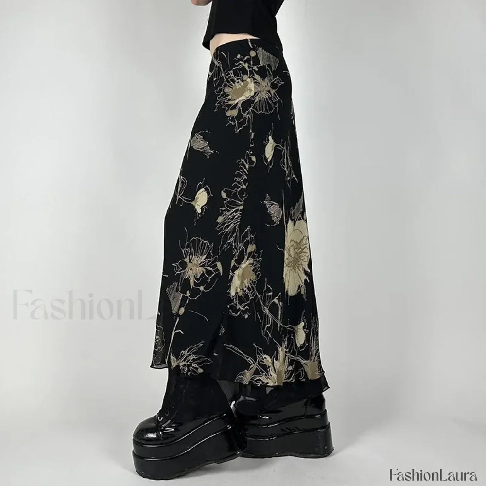 Goth Floral Mesh Double Layer Skirt