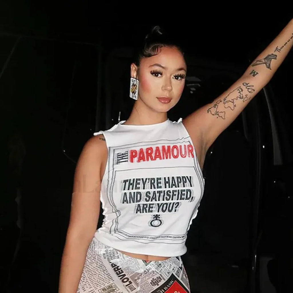 Goth Grunge Patchwork Letter Crop White Punk Print Top White / S