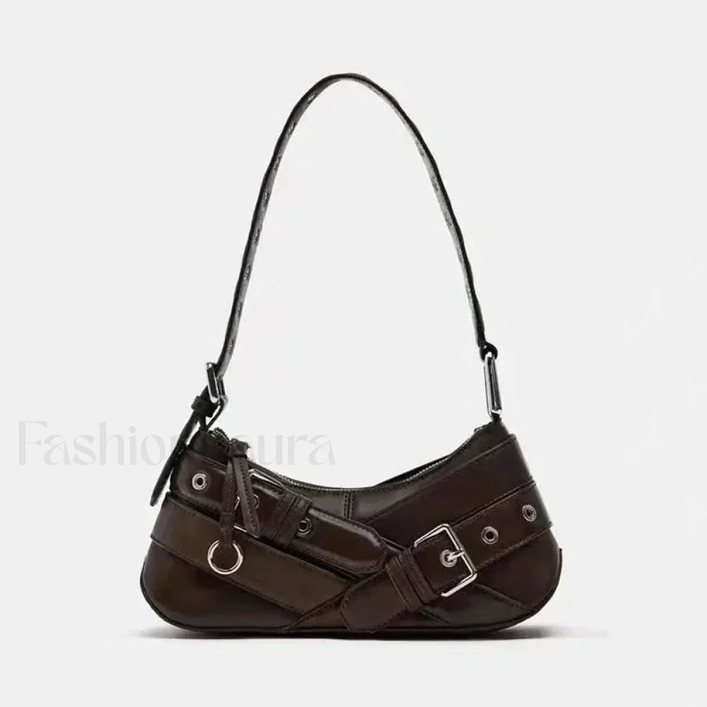 Goth Y2K Punk Rivet Chain School PU Leather Skeleton Fashion Women Backpack Bag coffee / 11x27x8cm