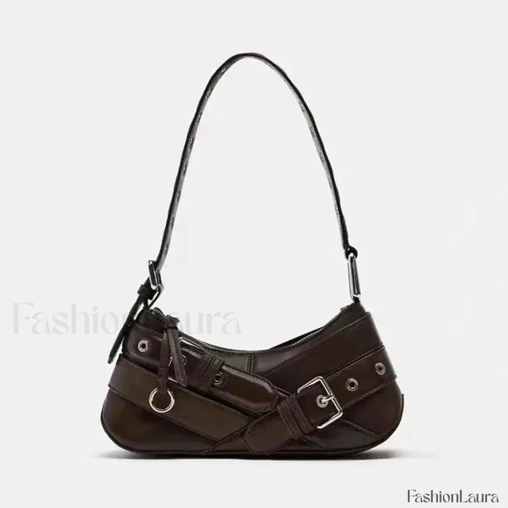 Goth Y2K Punk Rivet Chain School PU Leather Skeleton Fashion Women Backpack Bag coffee / 11x27x8cm