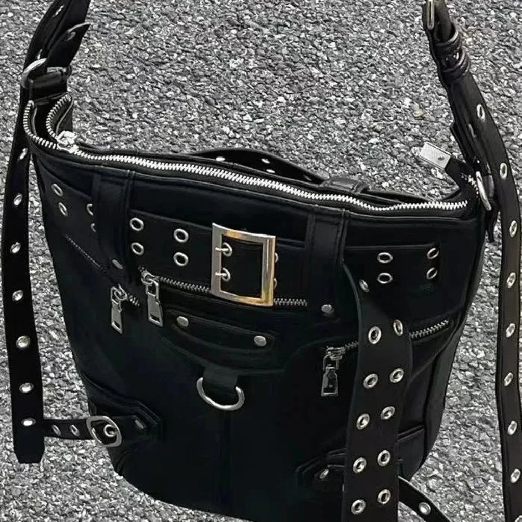 Gothic Big Metal Dark Chic Messenger Harajuku Cool Motobiker Rivets Volume Bag Black