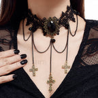 Gothic Blood Drop Gem Tassel Cross Necklace for Halloween BLACK