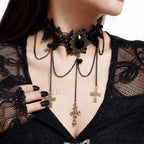 Gothic Blood Drop Gem Tassel Cross Necklace for Halloween BLACK