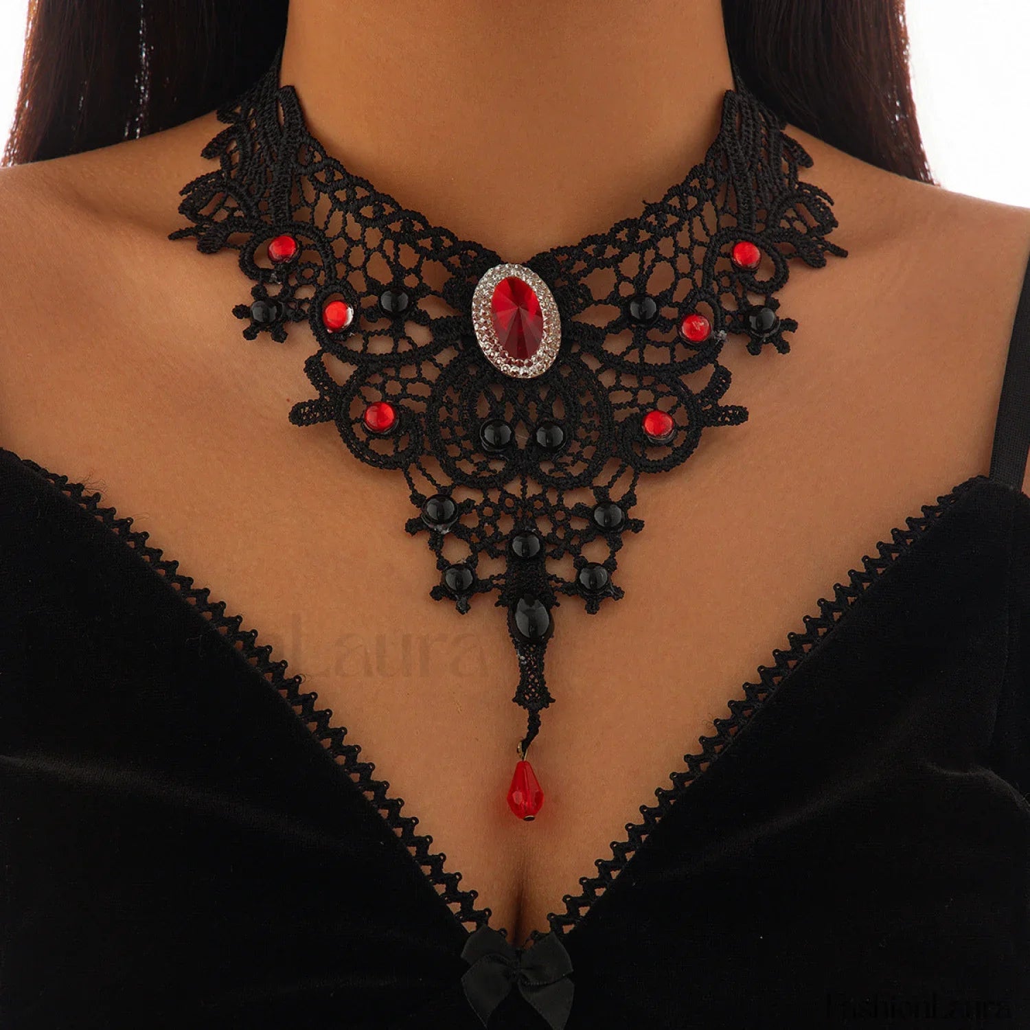 Gothic Blood Drop Gem Tassel Cross Necklace for Halloween BLACK