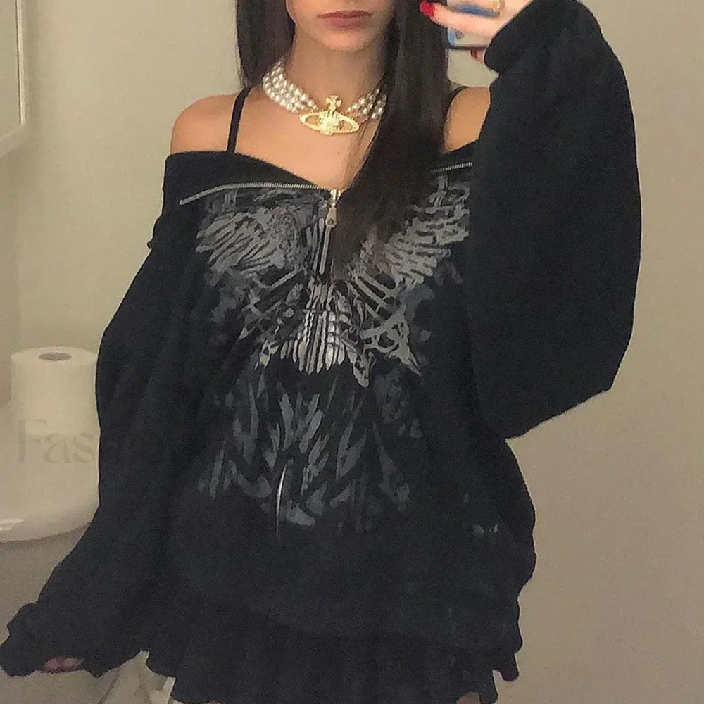 Gothic Butterfly Print Grunge Casual Hooded Jacket Hoody BLACK / S Sweatshirts & Hoodies L