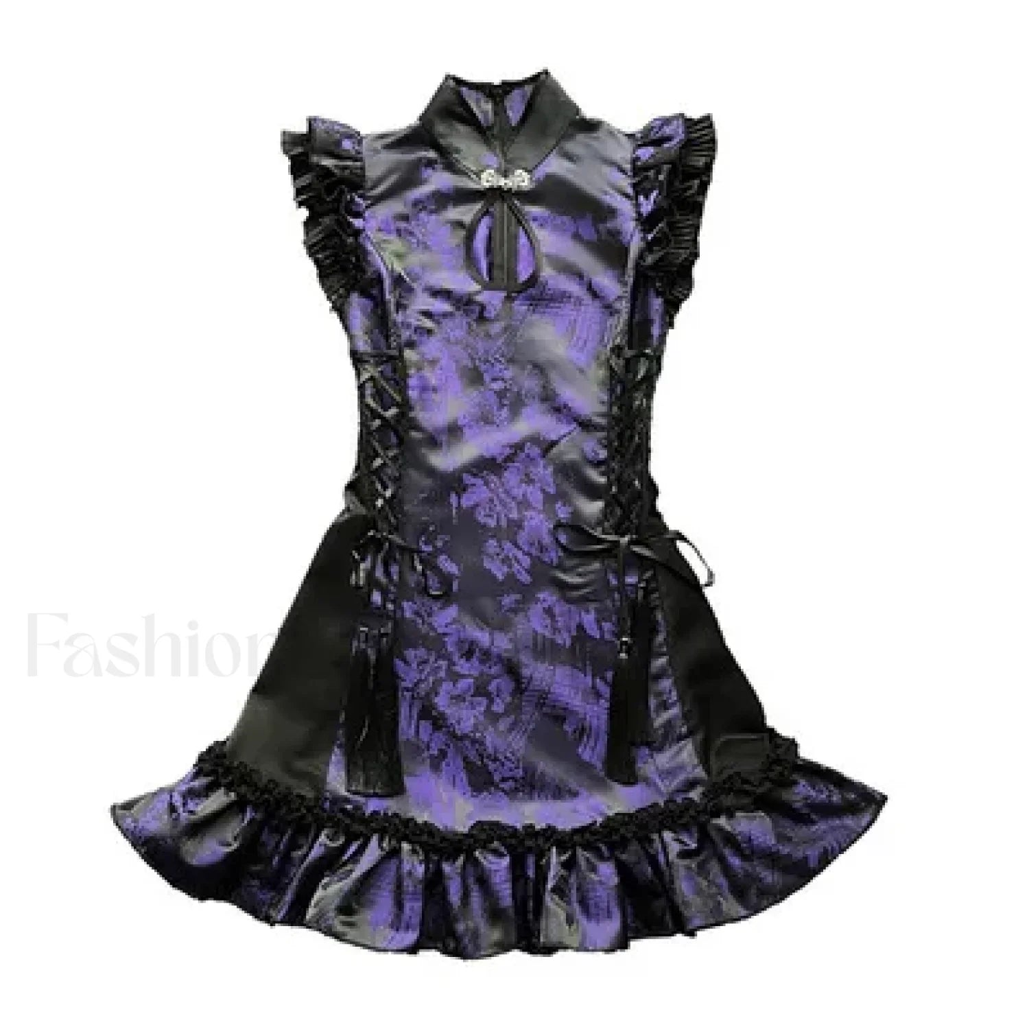 Gothic Cheongsam Chinese Tassels Collar Sleeveless Mini Slim Retro Sexy Strap Party Punk Stand Dress PURPLE / S