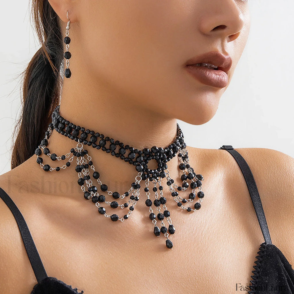 Gothic Choker Crystal Woven Beaded Necklace WHITE