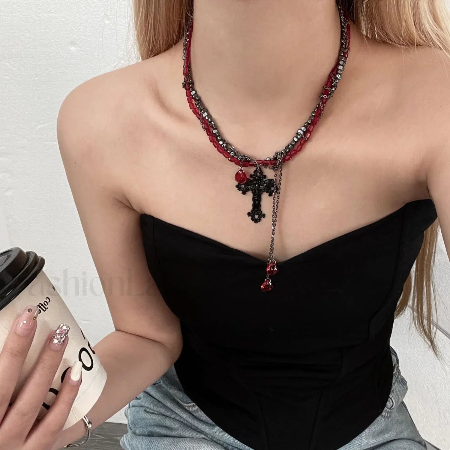 Gothic Cross Dark Tassel Necklace BLACK