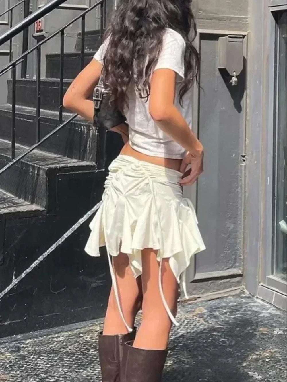 Gothic Duck Tie Up Ruched Skirt Beige / S