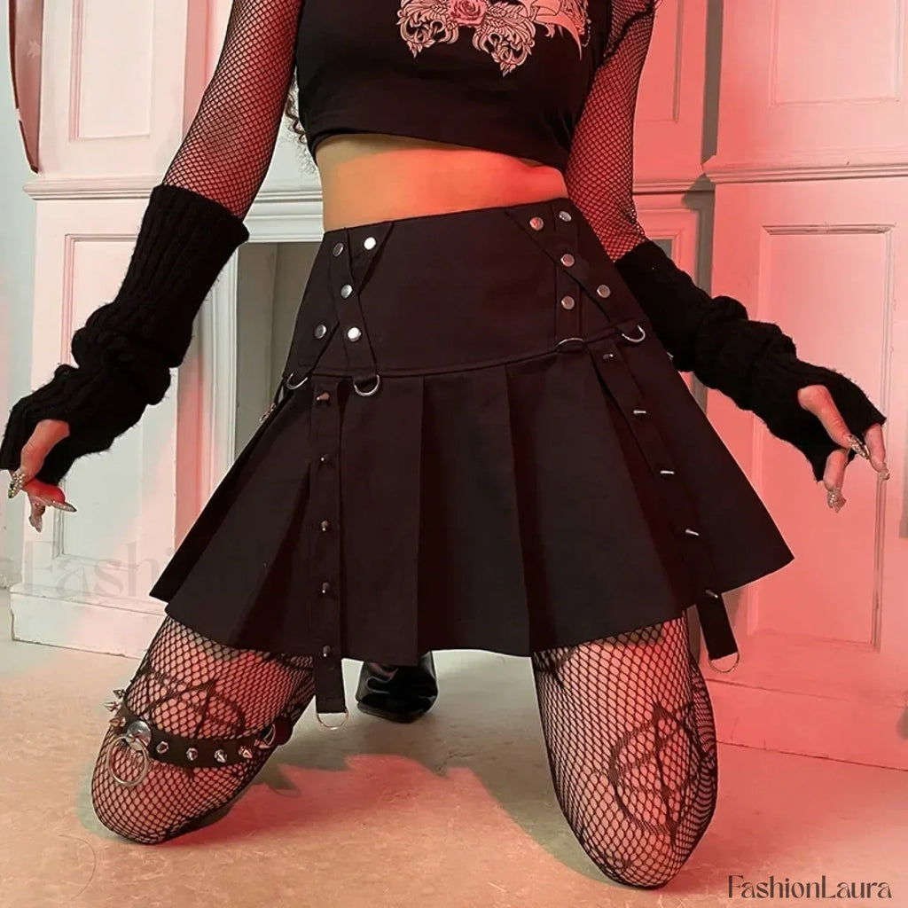 Gothic Harajuku Short Pleated Skirt with Rivet Metal Buckles and Streamer Low Waist Style