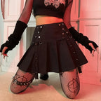 Gothic Harajuku Short Pleated Skirt with Rivet Metal Buckles and Streamer Low Waist Style