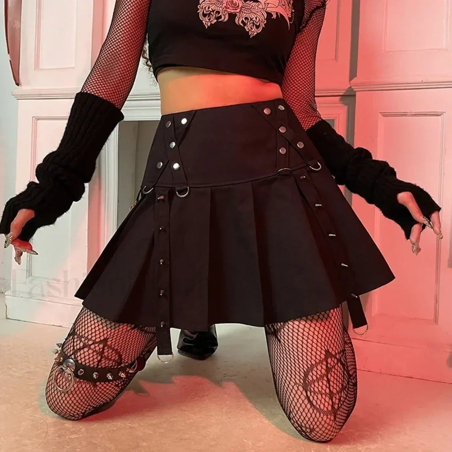 Gothic Harajuku Short Pleated Skirt with Rivet Metal Buckles and Streamer Low Waist Style