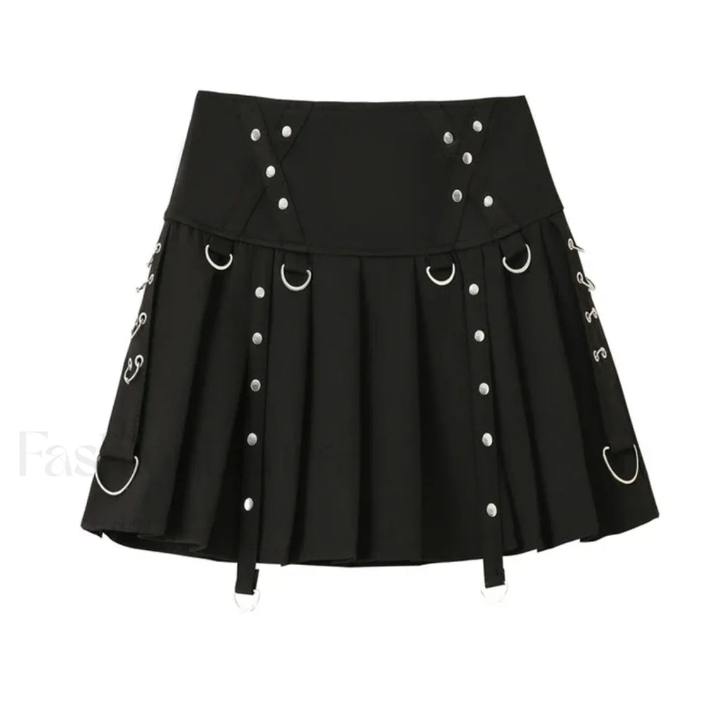 Gothic Harajuku Short Pleated Skirt with Rivet Metal Buckles and Streamer Low Waist Style BLACK / S