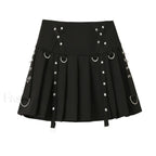 Gothic Harajuku Short Pleated Skirt with Rivet Metal Buckles and Streamer Low Waist Style BLACK / S
