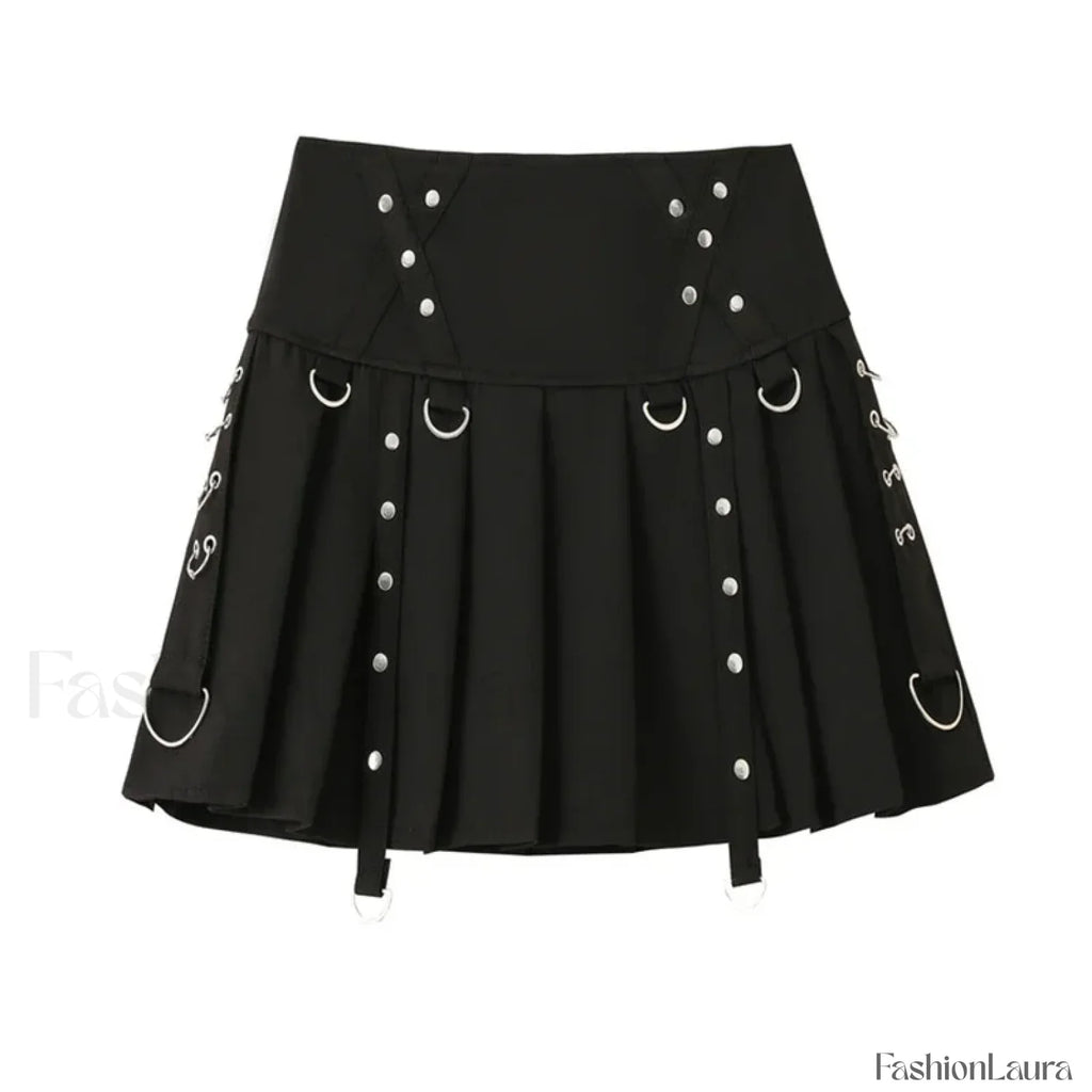 Gothic Harajuku Short Pleated Skirt with Rivet Metal Buckles and Streamer Low Waist Style BLACK / S