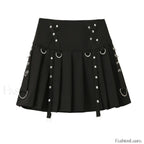 Gothic Harajuku Short Pleated Skirt with Rivet Metal Buckles and Streamer Low Waist Style BLACK / S